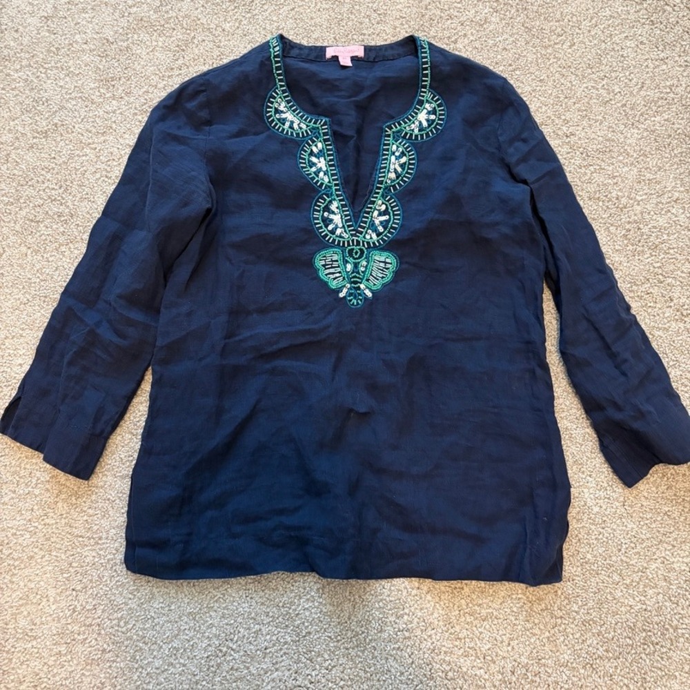 Lilly Pulitzer Amelia Island Tunic Womens XS Navy Blue Beaded Linen Beach Preppy